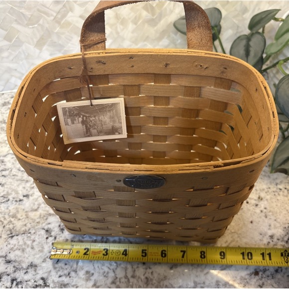Peterboro‎ Basket  Co. Wooden Woven Wall Pocket Basket Leather Single Handle - Picture 5 of 16
